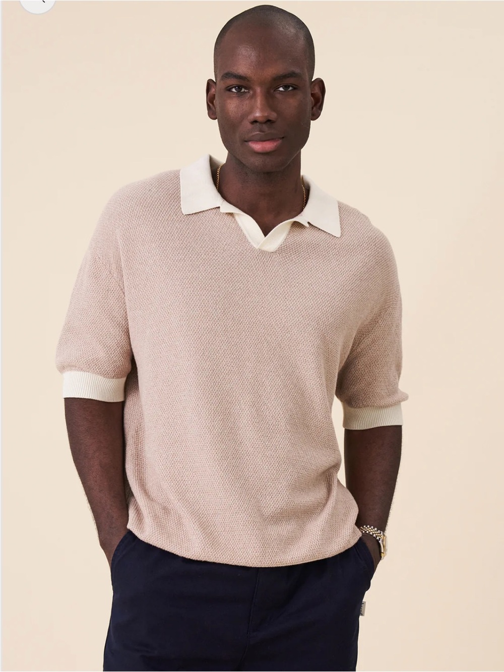 Bound Textured Knit Polo Sweater Oatmeal Men Size Medium 100% Cotton